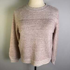 Bêcool Women's L Pink White Marled Knit Textured Yoke Crewneck Sweater Pullover